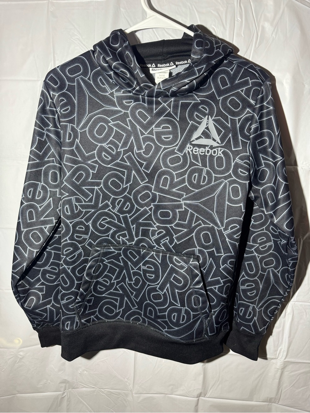 Reebok Black Allover Logo Pullover Hoodie with White Accent